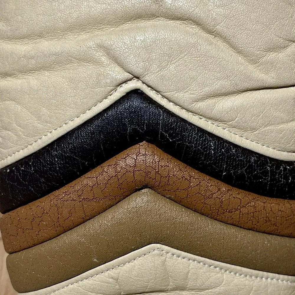 Vintage Hotfingers Leather Mittens Lined Cream Brown Chevron Zipper Skiing Women